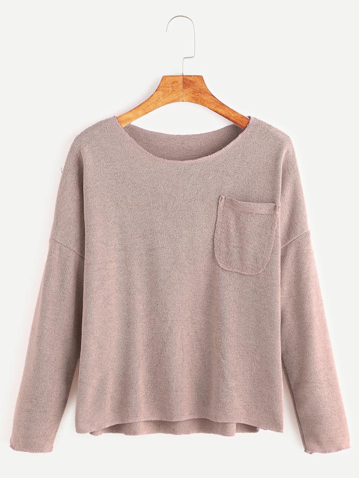Shein Pink Drop Shoulder Dip Hem Pocket T-shirt