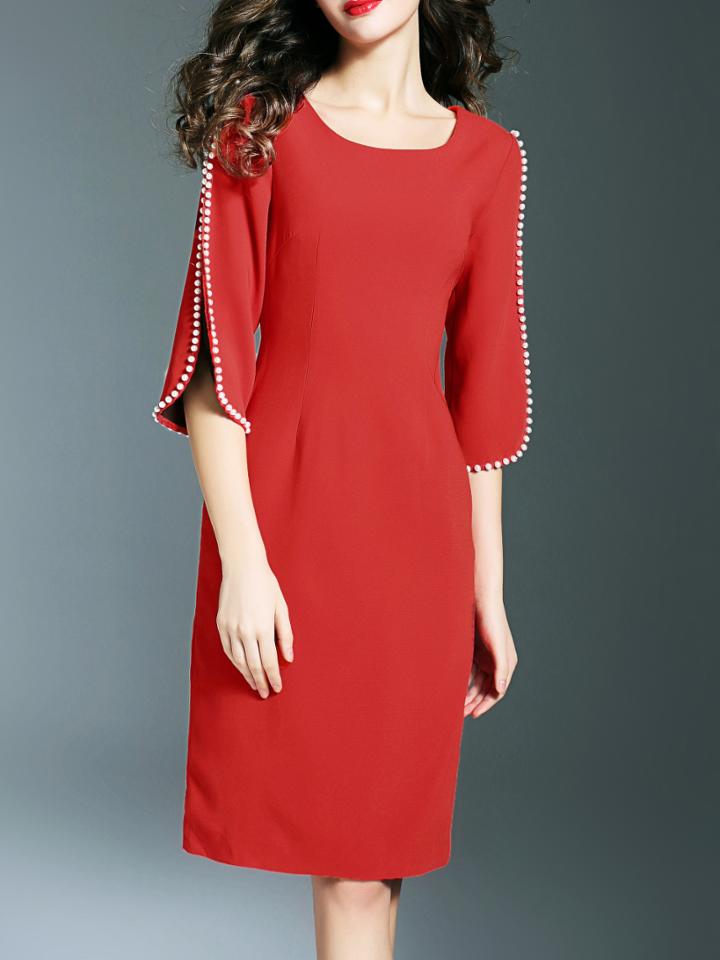 Shein Red Beading Split Sleeve Sheath Dress