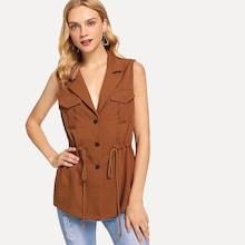 Shein Button & Pocket Up Drawstring Notched Neck Coat