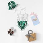 Shein Girls Ruffle Trim Tropical Print Swimwear With Swimming Cap