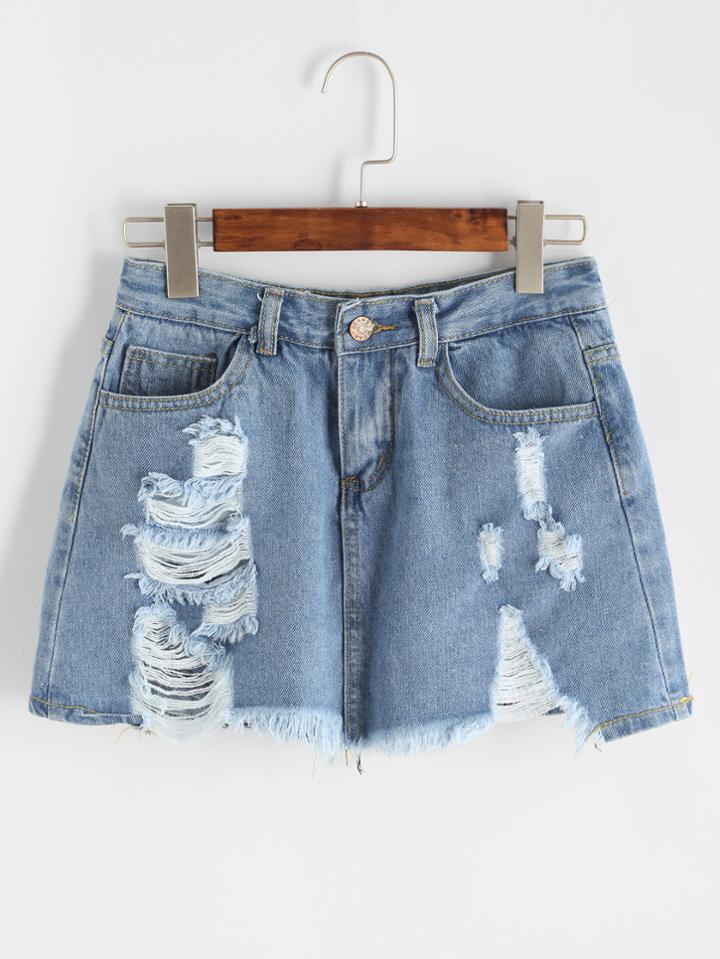 Shein Light Blue Ripped Raw Hem Skirt