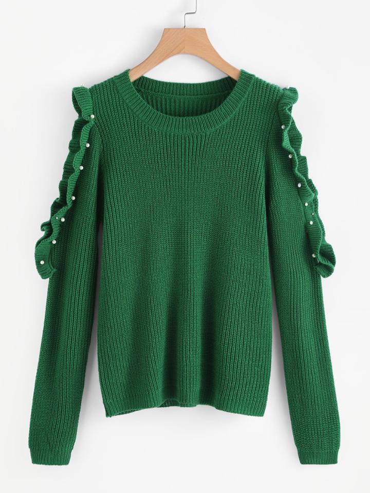 Shein Pearl Ruffle Open Shoulder Sweater
