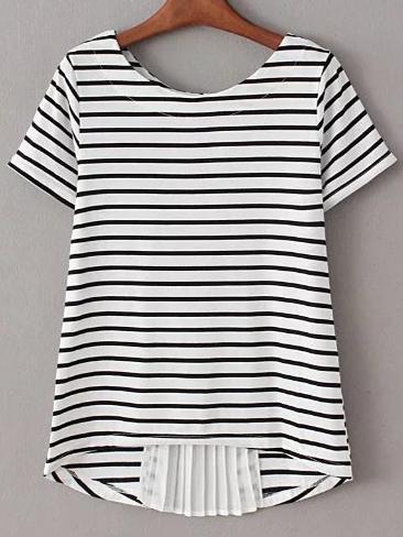 Shein Black White Pleated Zipper Back Striped Blouse