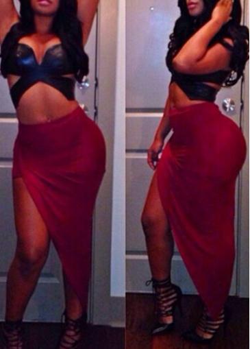 Rosewe Black Crop Top And Rose Asymmetric Skirt Set