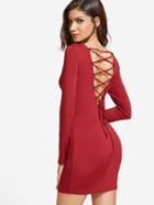 Shein Red Lace Up V Back Long Sleeve Bodycon Dress
