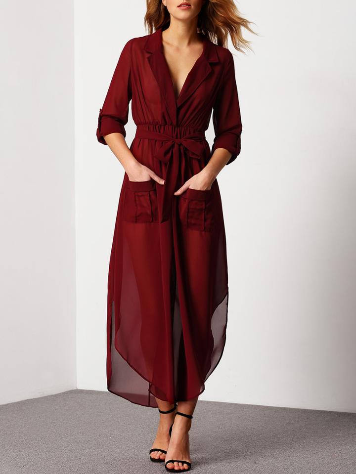 Shein Plunging V-neckline Self-tie Pockets Chiffon Dress