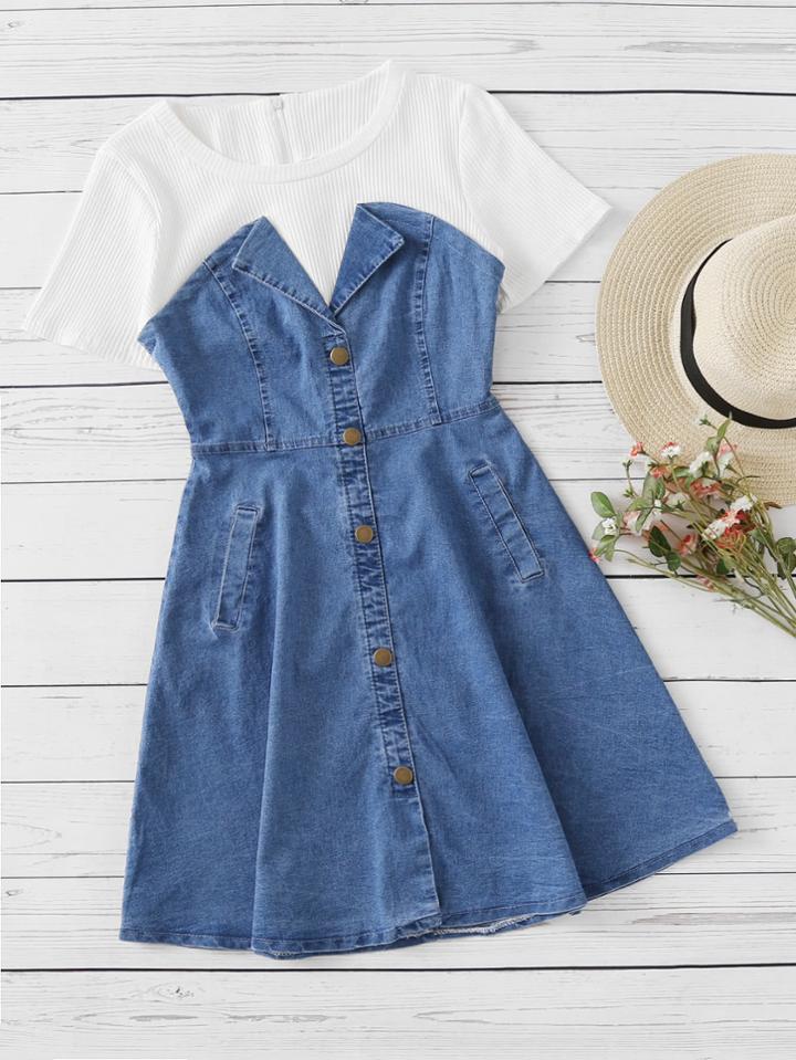 Shein Denim Contrast Ribbed 2 In 1 Dress