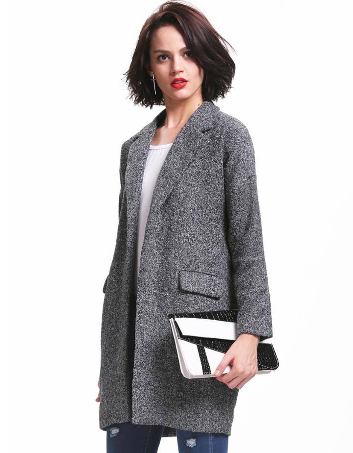 Shein Grey Long Sleeve Notch Lapel Pockets Coat
