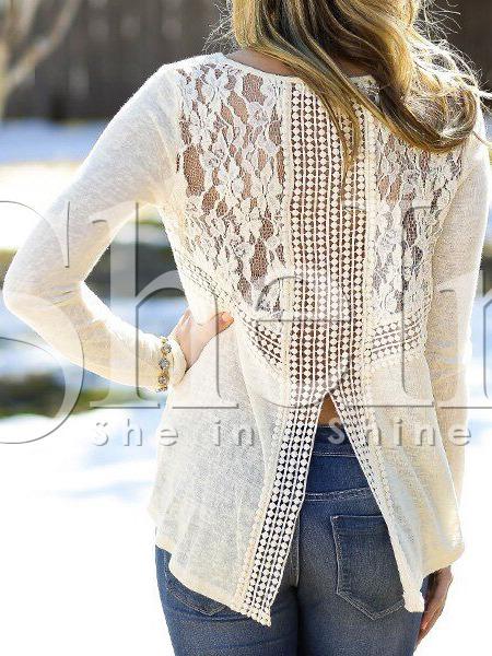 Shein Apricot Long Sleeve With Lace T-shirt