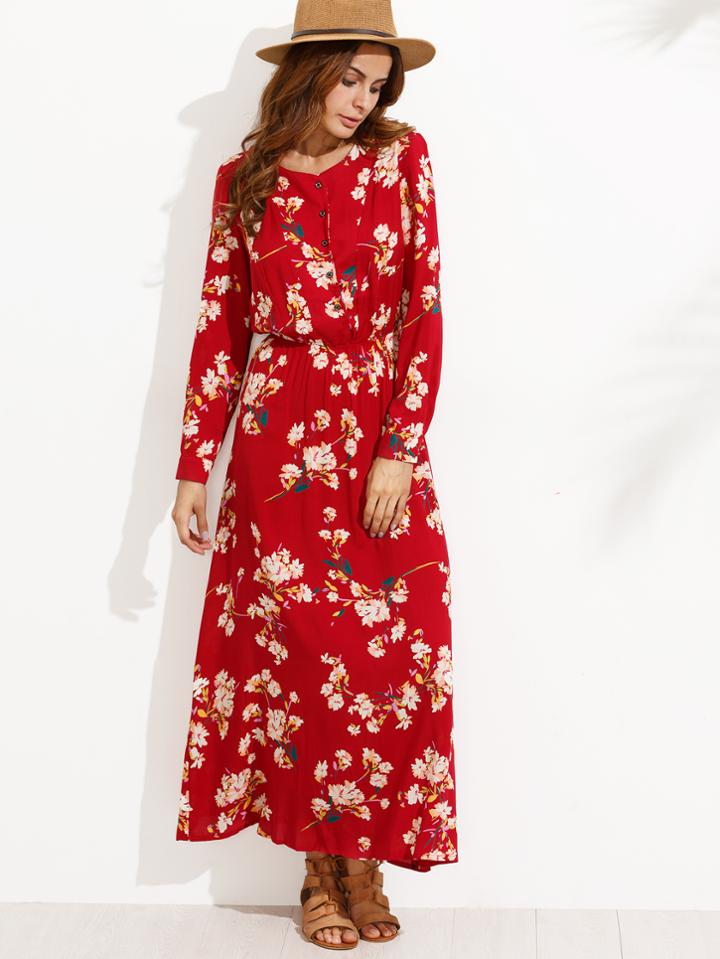 Shein Flower Print Button Front Full Length Dress