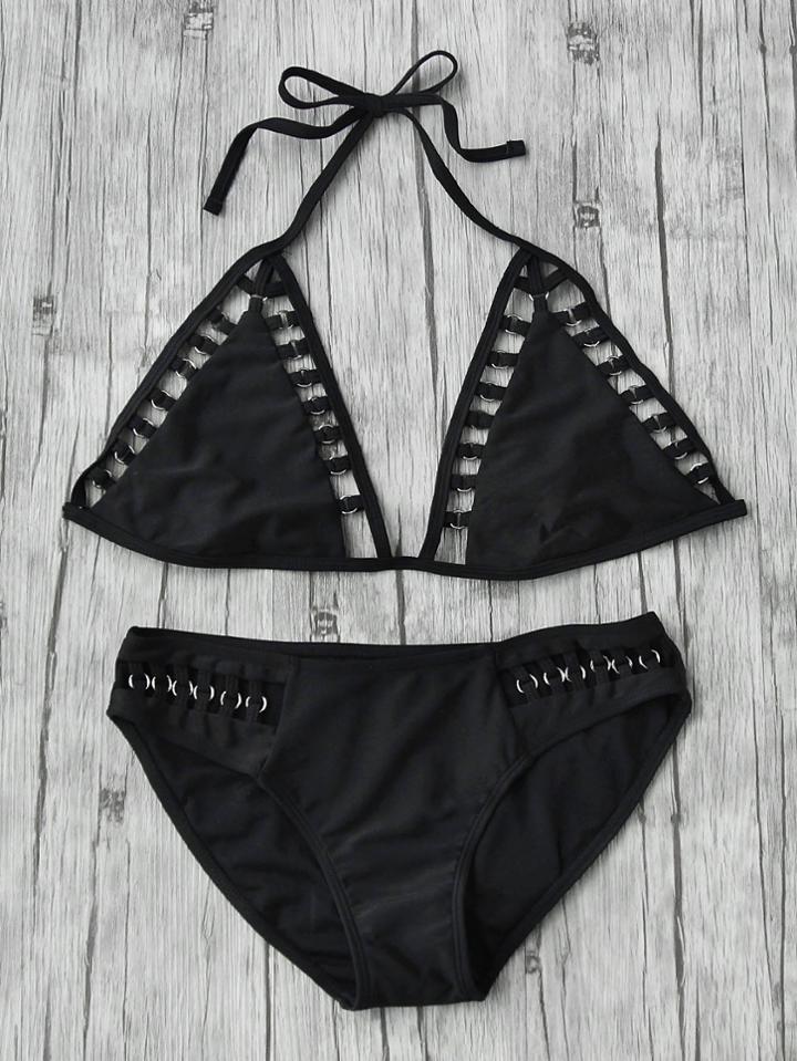 Shein Ring Detail Hollow Out Triangle Bikini Set