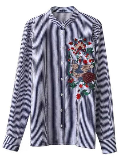 Shein Vertical Pinstripe Embroidered Band Collar Blouse