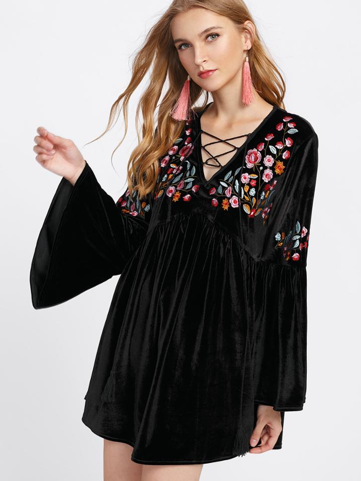 Shein Lace Up Neck Flower Embroidered Velvet Dress