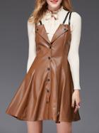 Shein Brown Spaghetti Strap Pu Dress
