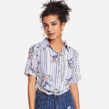 Shein Twist Hem Floral & Striped Blouse