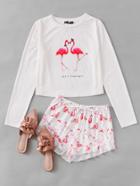 Shein Flamingo Print Tee And Ruffle Shorts Pajama Set