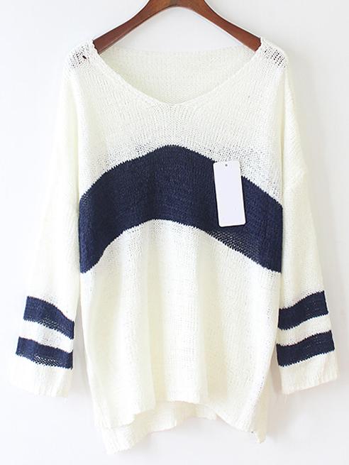 Shein Color-block V Neck Dip Hem Striped Sweater