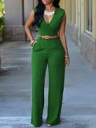 Shein Army Green Deep V Neck Sleeveless Loose Jumpsuit
