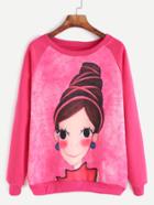 Shein Dark Peach Raglan Sleeve Girl Print Sweatshirt