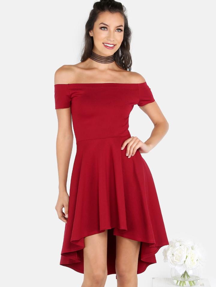 Shein Bardot Skater Dress Burgundy
