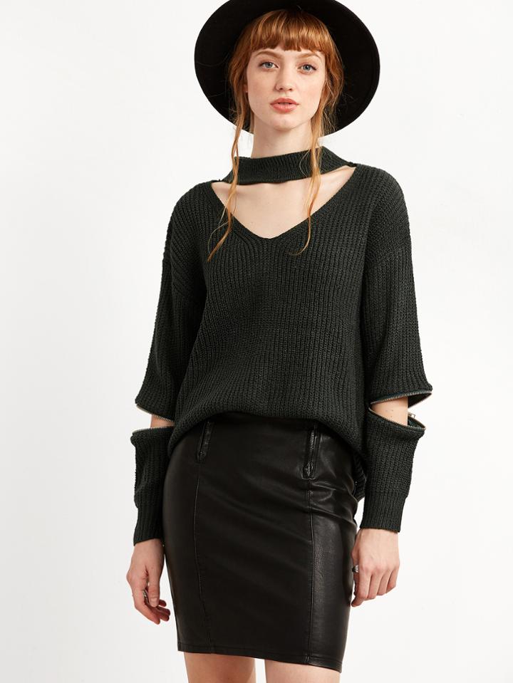Shein Dark Green Cutout Zipper Detail Sweater