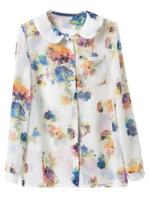 Shein Multicolor Peter Pan Collar Pocket Print Blouse