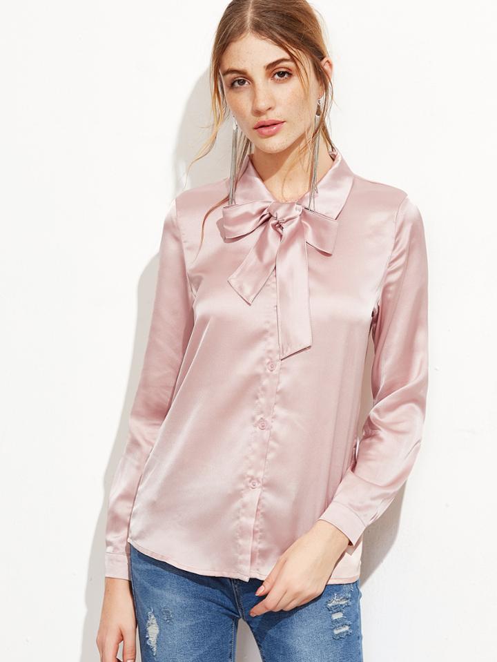 Shein Pink Bow Tie Slim Blouse