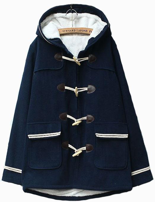 Shein Navy Blue Pocket Contrast Trim Hooded Duffle Coat