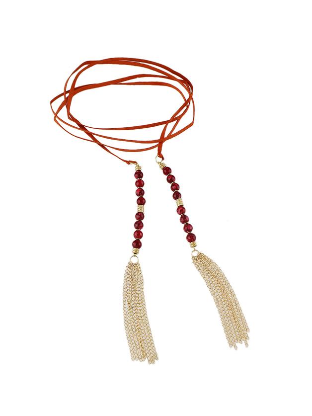 Shein Red  Color Beads Tassel Long Suede Chain Necklaces