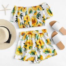 Shein Off Shoulder Sunflower Print Top With Shorts