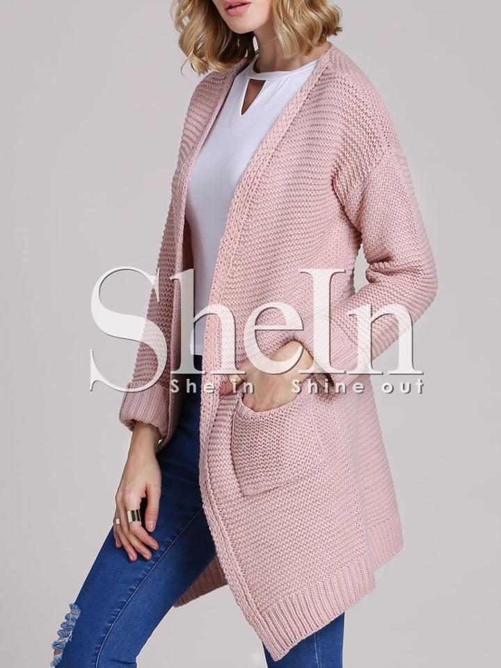 Shein Pink Long Sleeve Pockets Cardigan