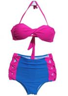 Rosewe Rose And Blue Color Blocking Thong With Bikini Swimwear