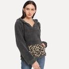 Shein Leopard Print Kangaroo Pocket Teddy Sweatshirt