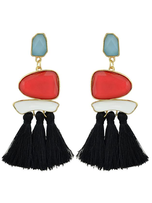 Shein Red-black Bohemian Style Ethnic Statement Big Tassel Drop Earrings