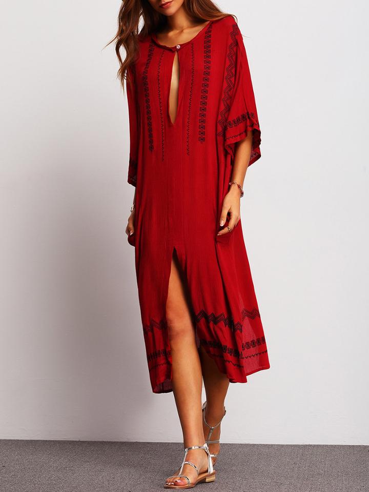 Shein Red Keyhole Embroidered Split Loose Dress
