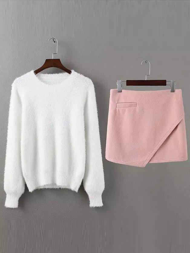 Shein White Crew Neck Lantern Sleeve Knitwear With Pink Skirt