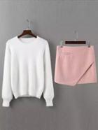 Shein White Crew Neck Lantern Sleeve Knitwear With Pink Skirt