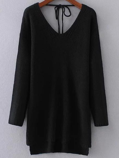 Shein Black V Neck Tie Back High Low Sweater