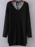 Shein Black V Neck Tie Back High Low Sweater