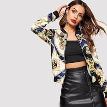 Shein Contrast Trim Mixed Print Bomber Jacket