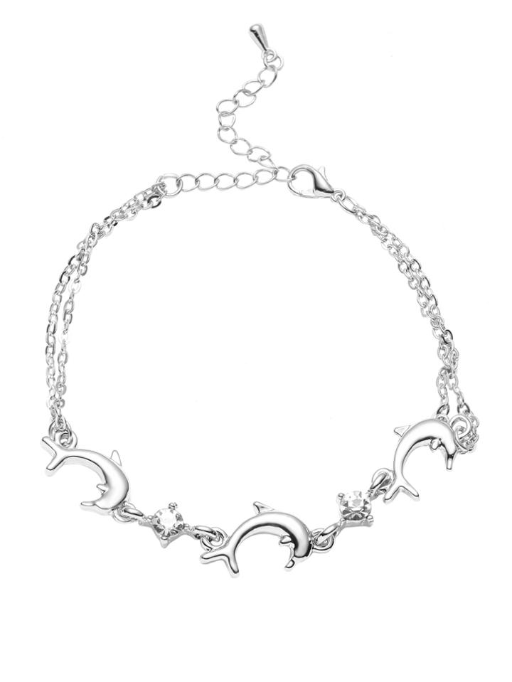 Shein Silver Tone Dolphin And Gem Charm Link Bracelet