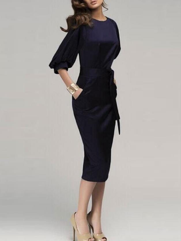 Shein Puff Sleeve Belt Chiffon Slim Dress