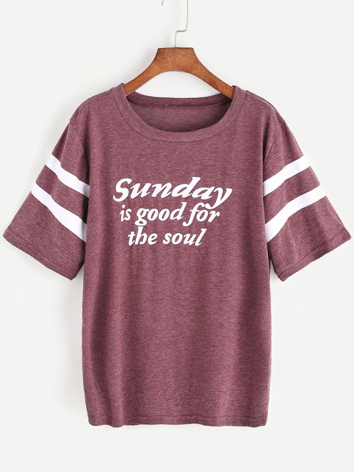 Shein Slogan Print Varsity Striped Sleeve T-shirt