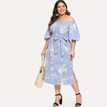 Shein Plus Floral Print Striped Belted Split Dress