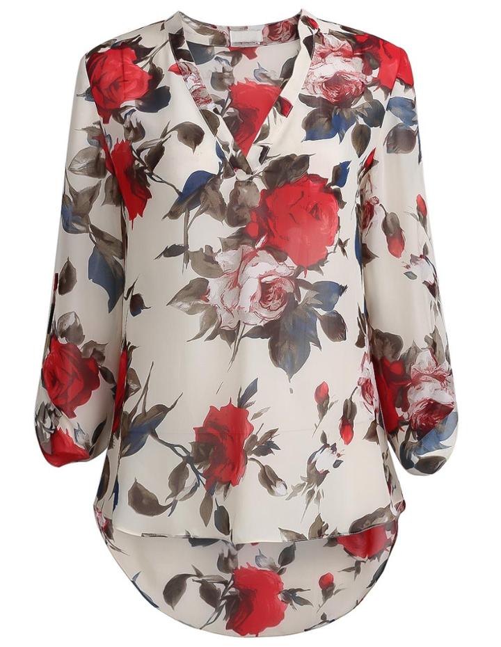 Shein Apricot Long Sleeve Floral Print Blouse