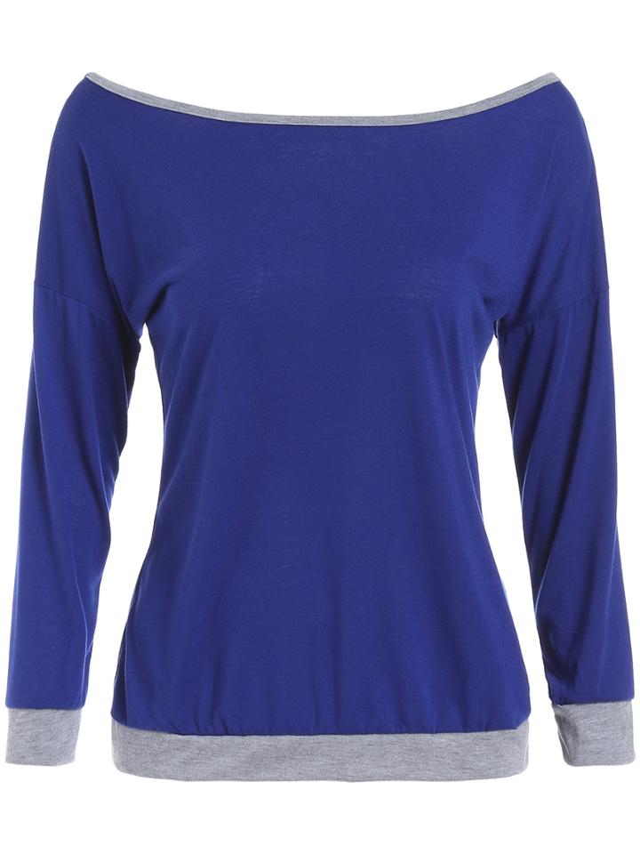 Shein Blue Boat Neck Contrast Trims T-shirt