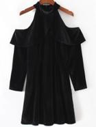Shein Black Open Shoulder Zipper Back Velvet Dress