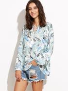 Shein Pale Green Leaves Print Tie Neck Blouse