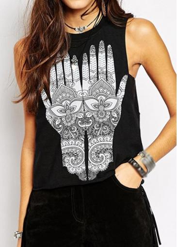 Rosewe Sleeveless Round Neck Hand Print Black Top