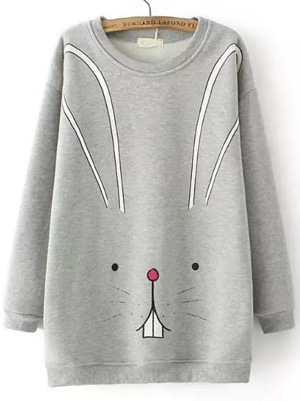 Shein Grey Round Neck Cartoon Rabbit Print Sweatshirt